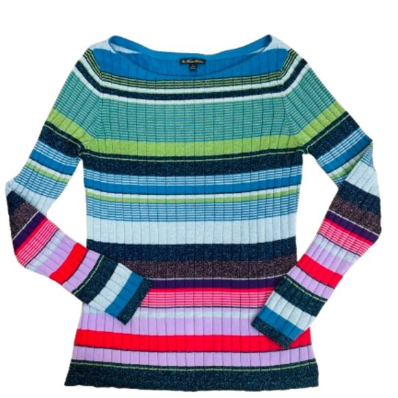 Brooks Brothers NWOT Women's Cotton Blend Metallic Striped Ribbed Sweater Size L - Picture 3 of 9